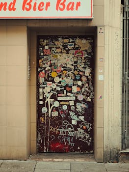 A sticker-covered door at a bar entrance in Berlin showcasing urban street art.