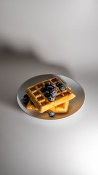 A closeup of golden waffles topped with fresh blueberries on a white plate.