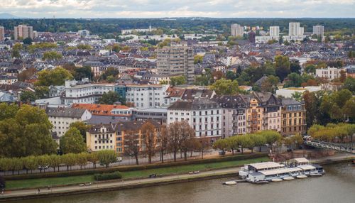 Free Aerial view showcasing Frankfurt's charming riverside historic architecture and modern buildings. Stock Photo