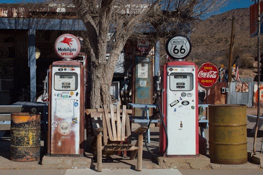 Vintage gas pumps on Route 66 in Hackberry, Arizona, symbolizing classic Americana.