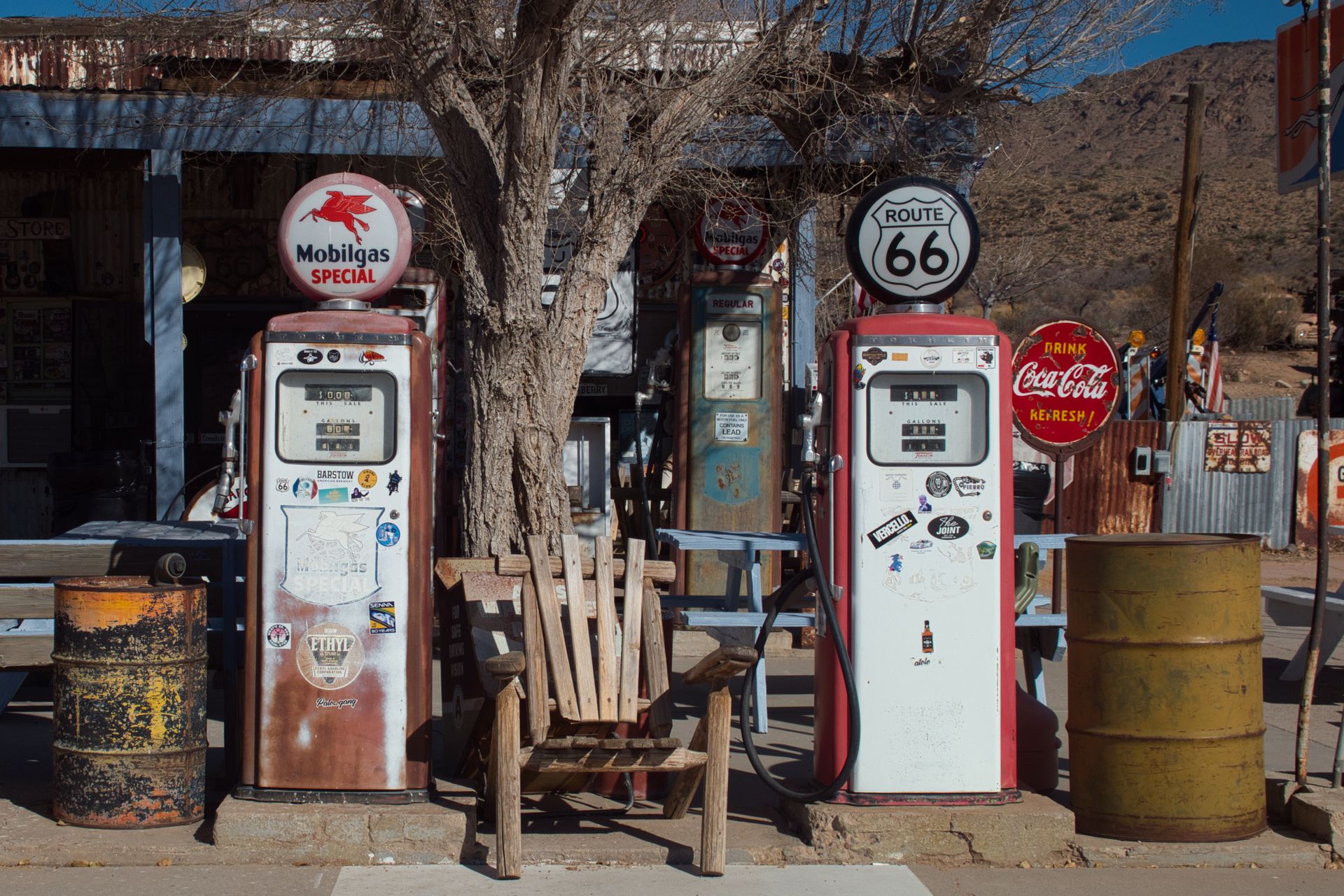 Vintage gas pumps on Route 66 in Hackberry, Arizona, symbolizing classic Americana.