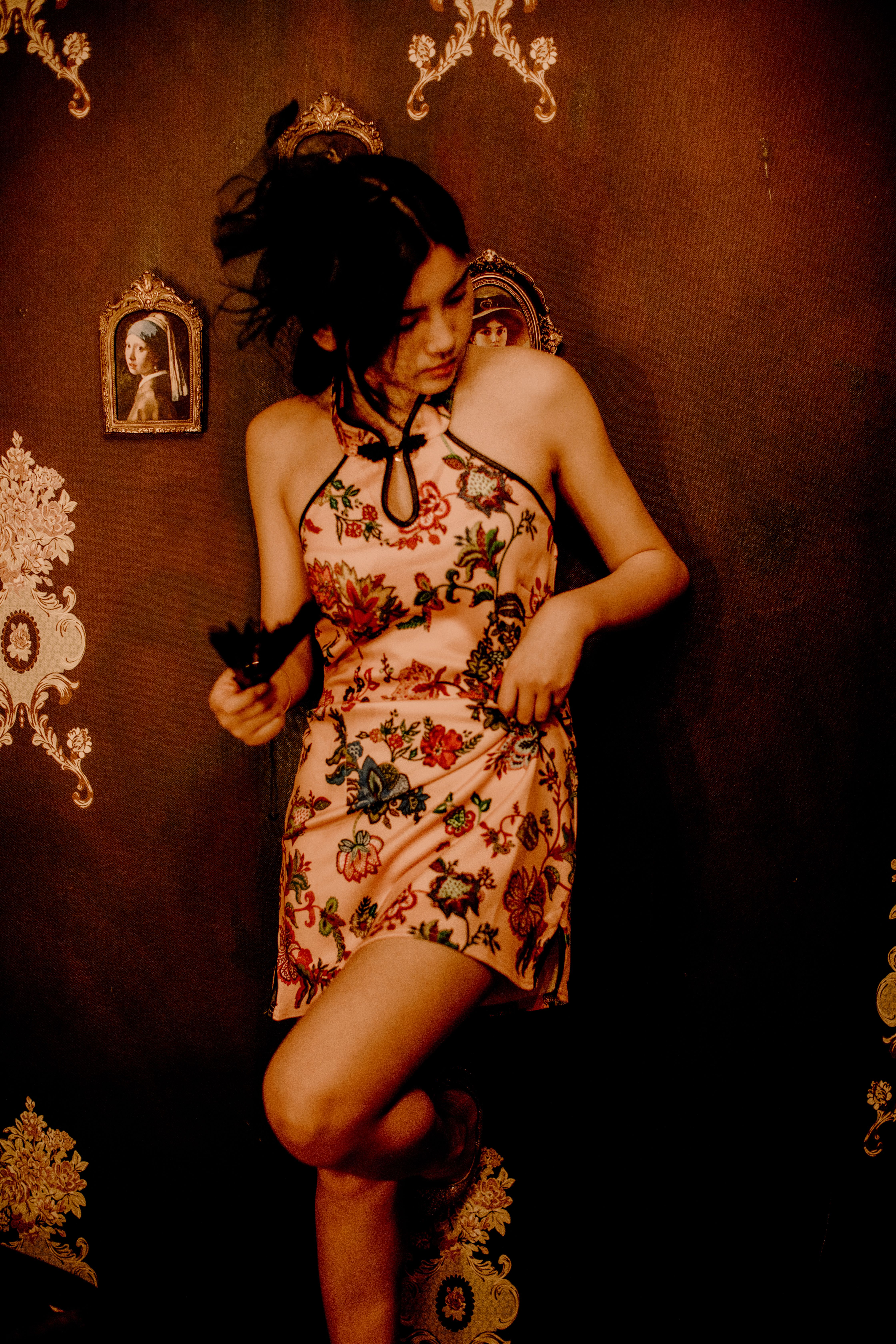 Elegant Woman in Vintage Floral Dress Indoors · Free Stock Photo