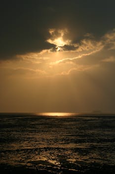 Serene golden sunset over the ocean with dramatic clouds casting reflections.