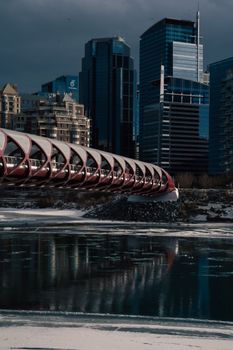 Captured in winter, the iconic Peace Bridge spans the Bow River with Calgary's skyline towering behind.