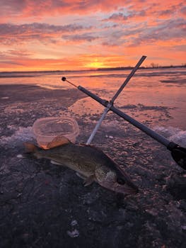 Ice fishing setup with a fish and stunning sunset over frozen lake in South Dakota.