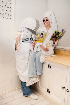 Two women in bathrobes enjoy reading magazines with drinks in a cozy bathroom setting.