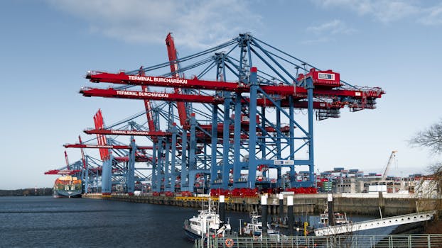 Panoramic view of container cranes at Terminal Burchardkai in Hamburg port.