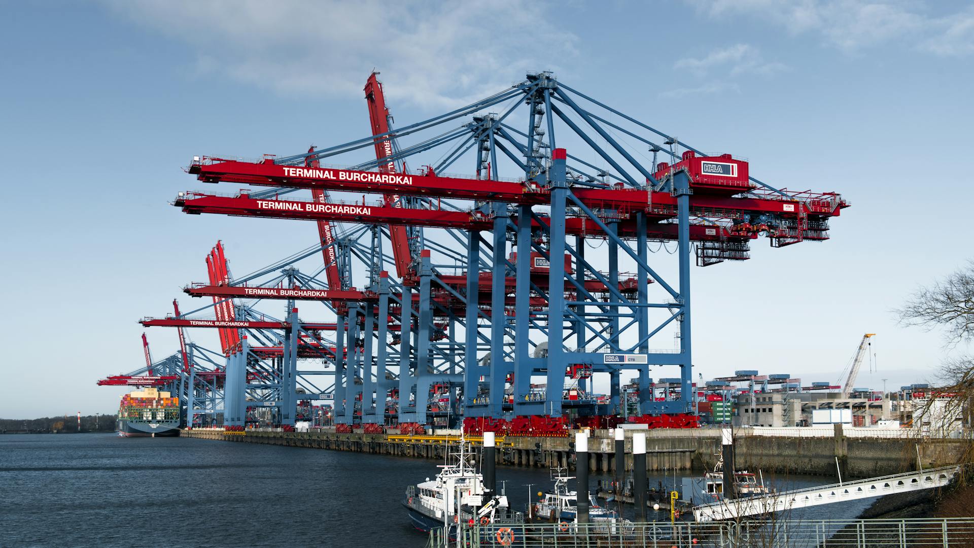 Panoramic view of container cranes at Terminal Burchardkai in Hamburg port.