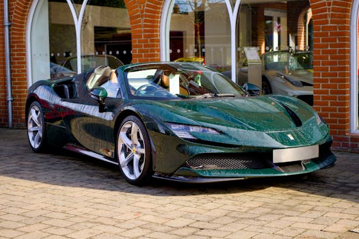 Elegant green Ferrari sports car with alloy wheels displayed outdoors, showcasing speed and Italian design.