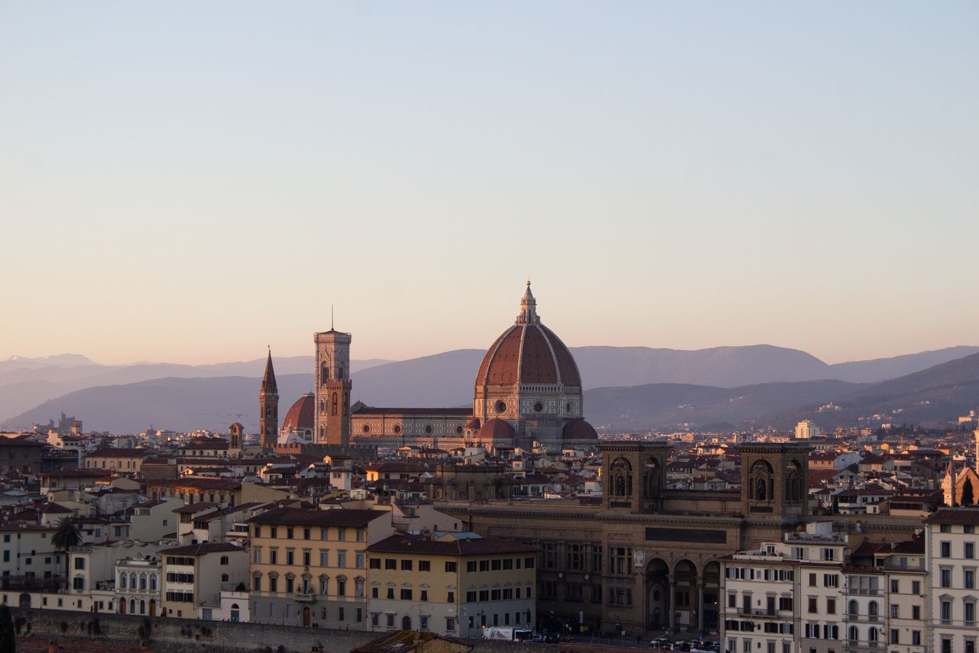 Aerial view of Florence with the Duomo at sunset
