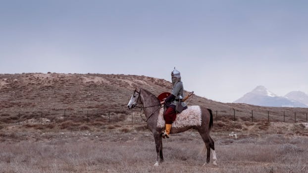 A historical Turkish warrior in armor on horseback in Konya, Türkiye, captured outdoors.