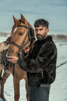 A man in a fur coat stands next to a brown horse on a snowy winter day.