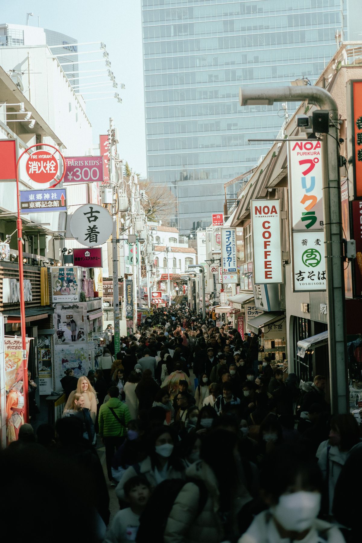 Crowded shopping street in Japan with product labels