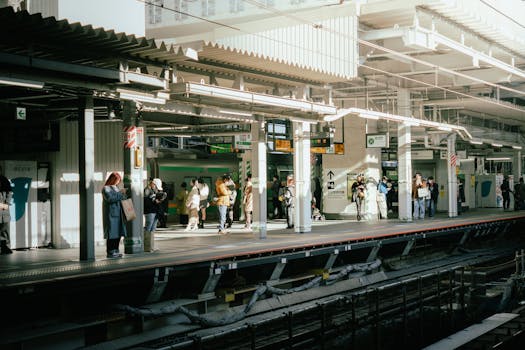 People waiting at an urban train station platform during daylight hours, capturing the essence of city life.