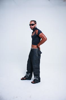 Stylish model in avant-garde clothing and sunglasses posing with attitude in studio.