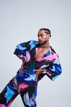 Stylish adult man posing in vibrant artistic clothing against a plain backdrop.
