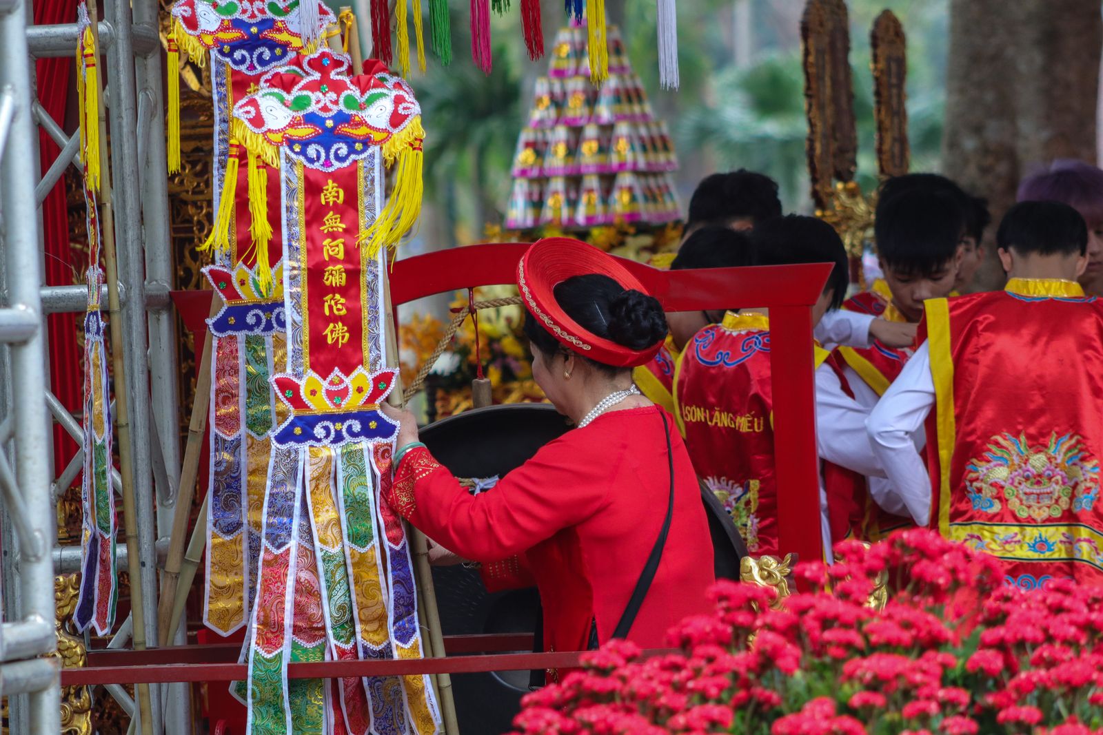 Traditional Vietnamese Lunar New Year celebration with festive red decorations