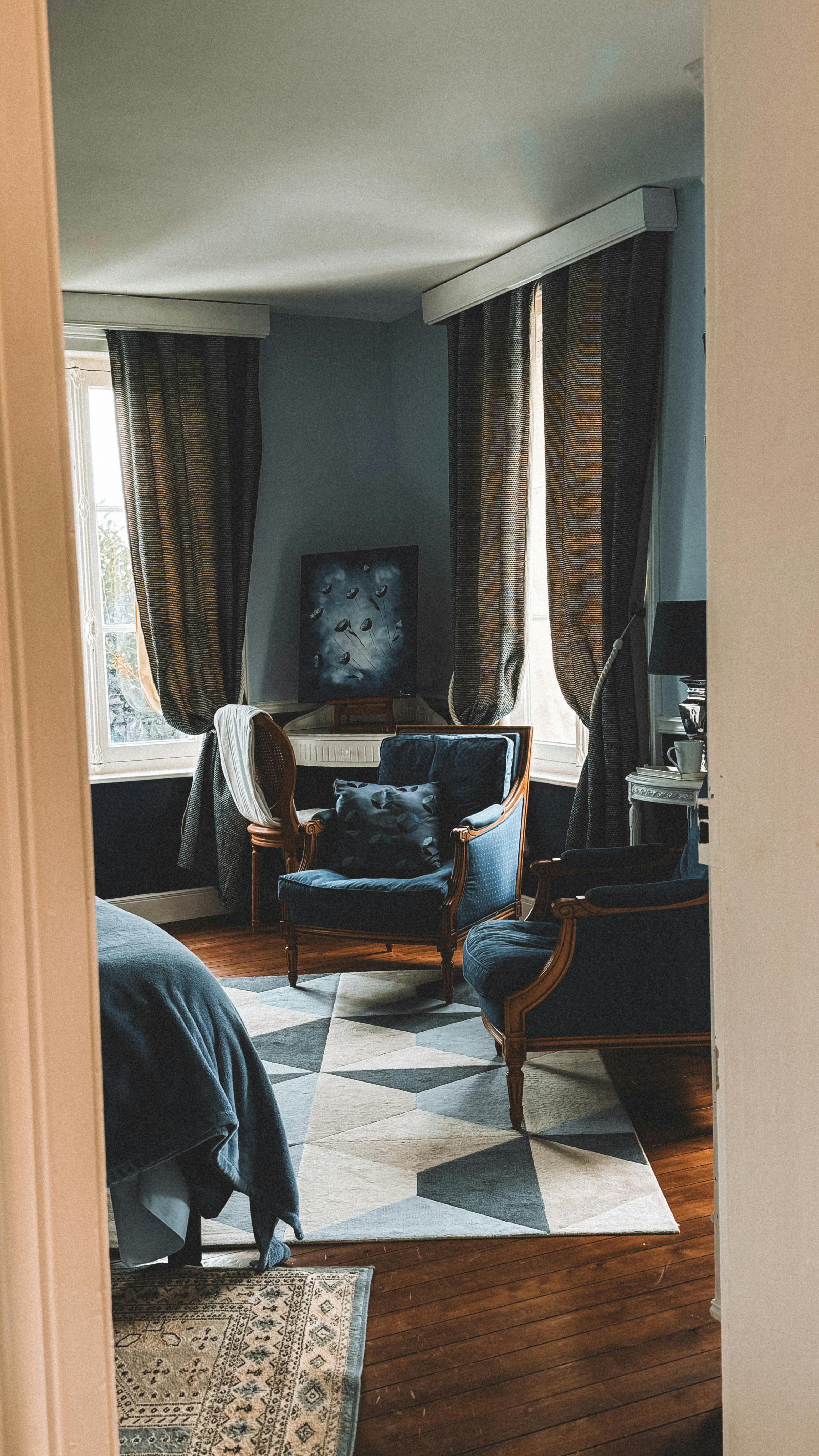 elegant vintage living room with armchair and rug