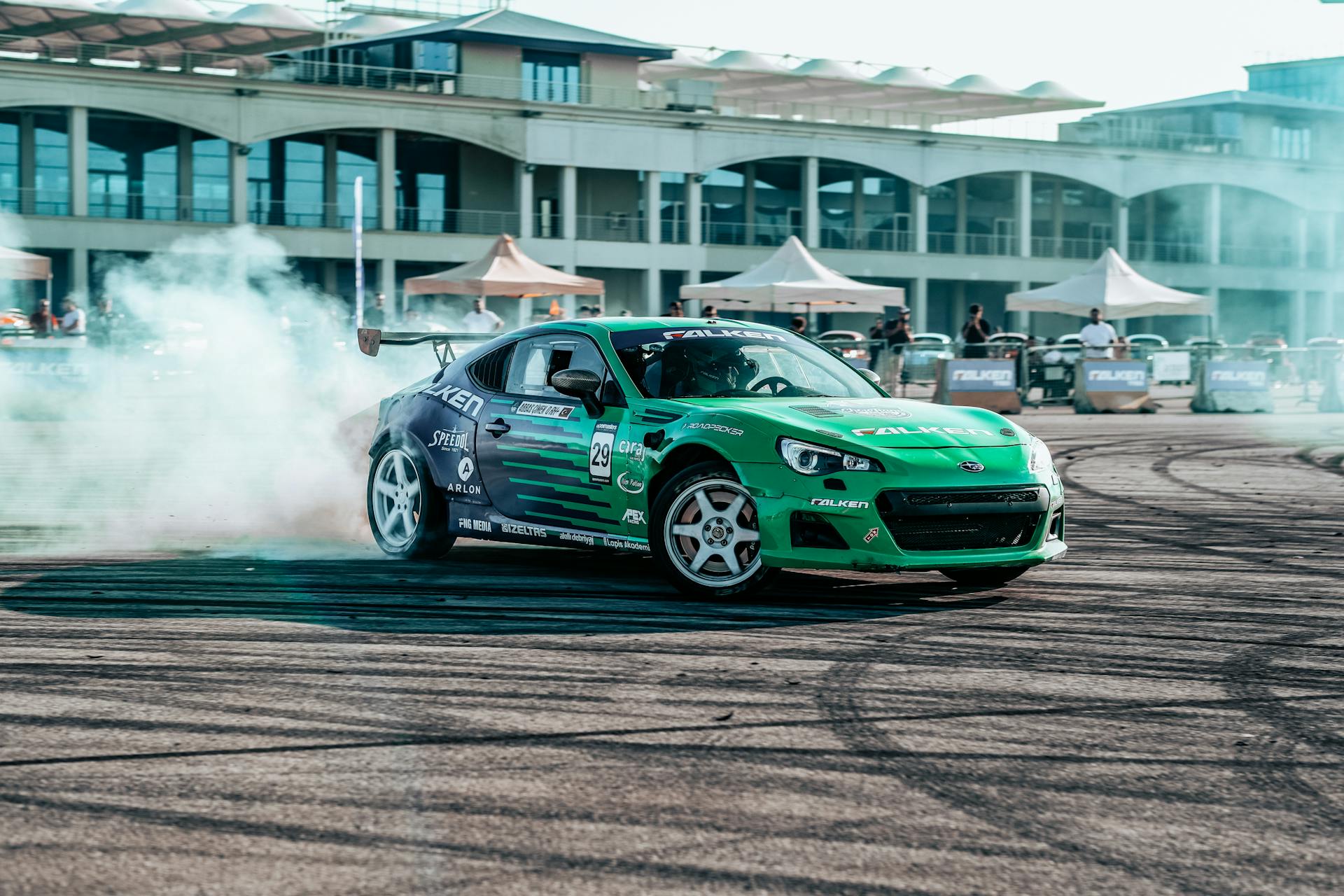 A drift car racing scene with smoke, captured in Istanbul, Turkey.