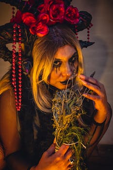 A mysterious figure in witch cosplay with artistic makeup and accessories.