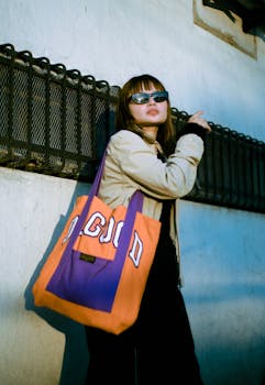 Fashionable woman outdoors wearing sunglasses, stylish outfit, and holding a trendy tote bag.