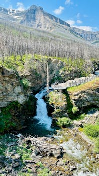 Picturesque waterfall cascading through rugged landscape with boardwalk view.
