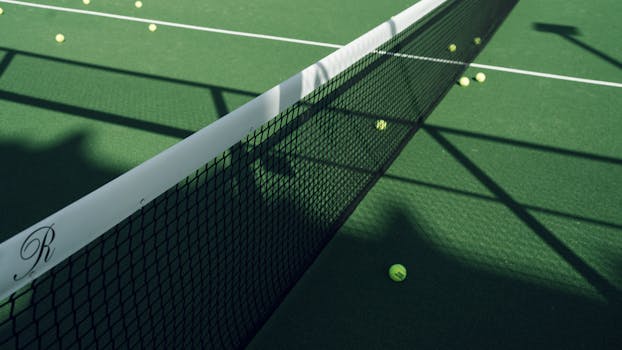 Tennis court net casting shadows on a green surface with scattered tennis balls.
