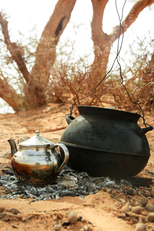Free Iron pot and kettle on ashes amidst a rustic outdoor backdrop. Stock Photo
