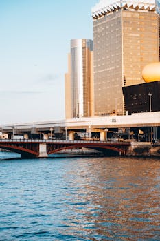Golden hour view of modern Tokyo cityscape by the Sumida River. Ideal for urban travel visuals.