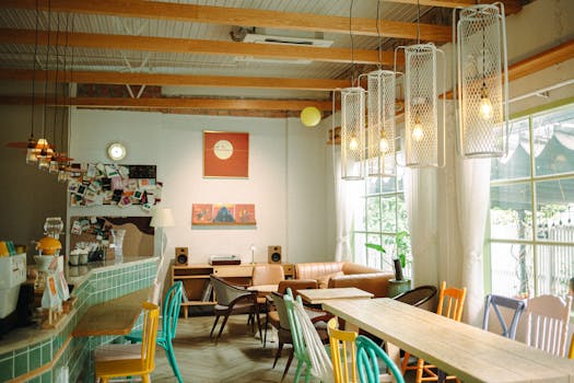 Warm and inviting cafe interior with eclectic furniture and vintage decor. Perfect for a leisurely coffee.