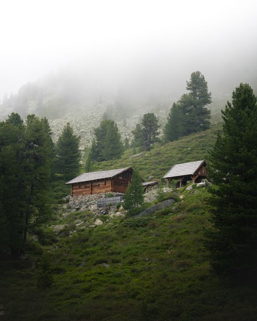 Charming wooden cabins nestled in a misty forest in Kühtai, Tirol, Austria. Perfect for serene nature getaway.