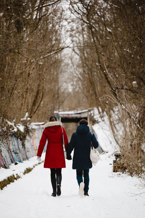 Free A couple walks hand-in-hand through a snowy alley in Berlin, Germany, surrounded by winter trees. Stock Photo