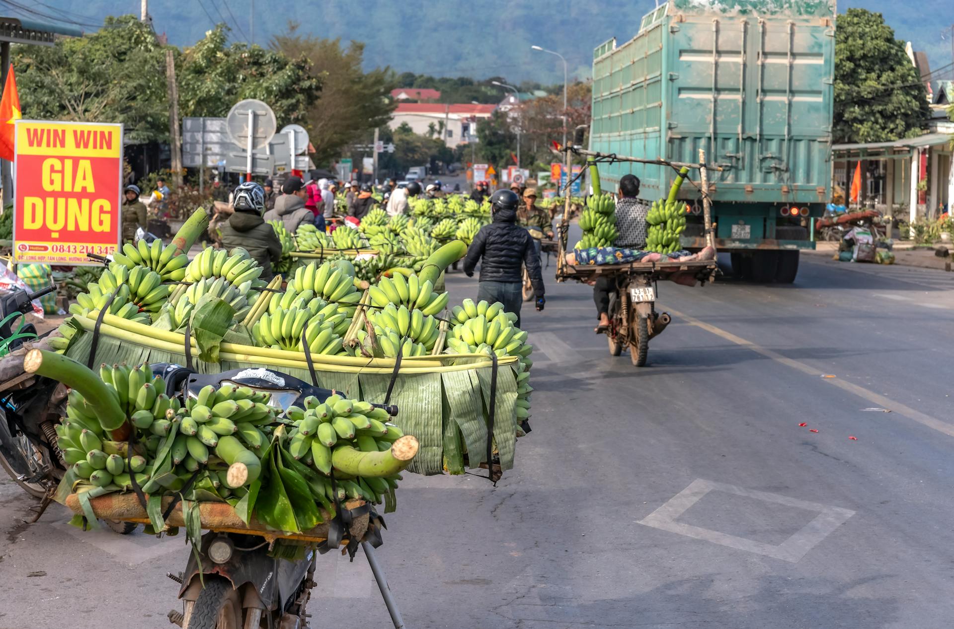 Motorbikes loaded with fresh bananas on bustling Vietnamese street market scene.