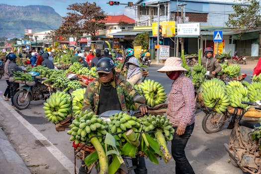 Motorbike vendors selling bananas on a busy street market with vibrant local activity.