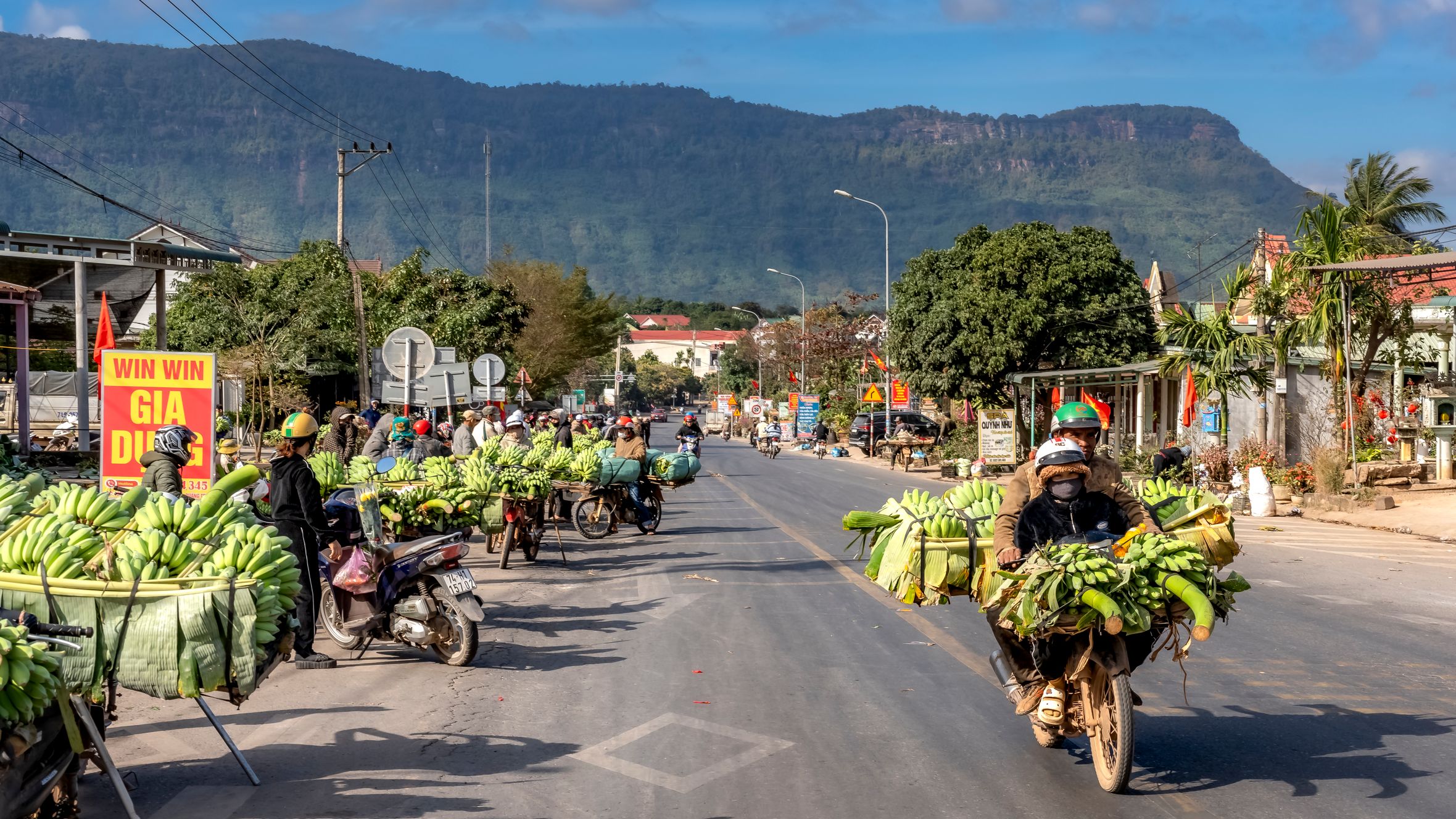 Local street market scene with banana vendors and motorbikes in Vietnam.