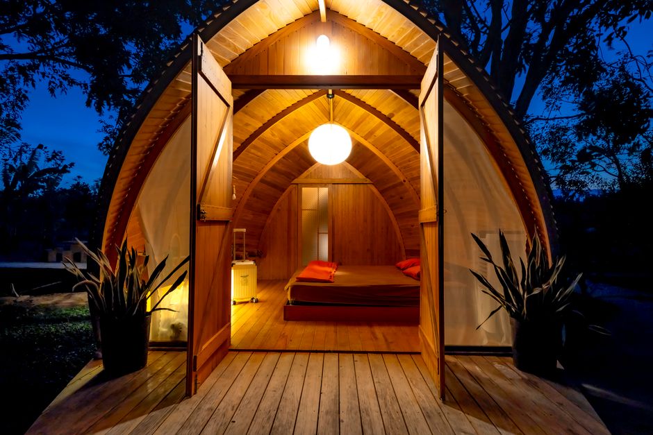 Luxurious glamping tents or eco-lodges nestled in the stunning desert landscape of AlUla, Saudi Arabia