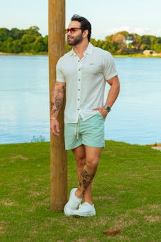 Man in casual summer attire with tattoos poses by a lakeside in daylight.