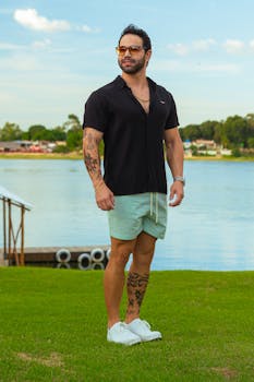 A man wearing casual summer attire poses confidently by a tranquil lakeside.