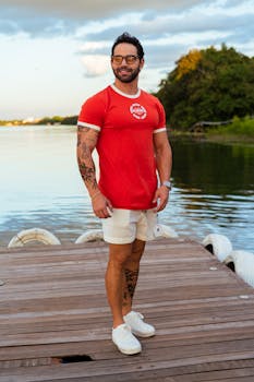 Man standing on a wooden dock by the lake wearing a red shirt and white shorts. Summer vibe.