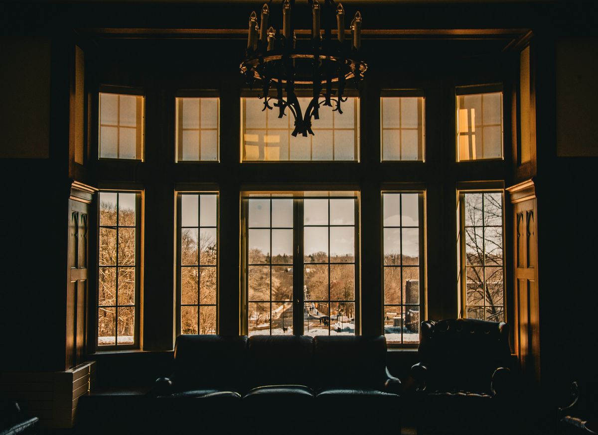 Warm interior looking out through a large window