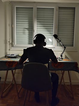 Silhouette of a person working at a desk with headphones, lit by a desk lamp.