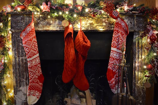 Festively decorated fireplace with Christmas stockings and twinkling lights, capturing holiday spirit.