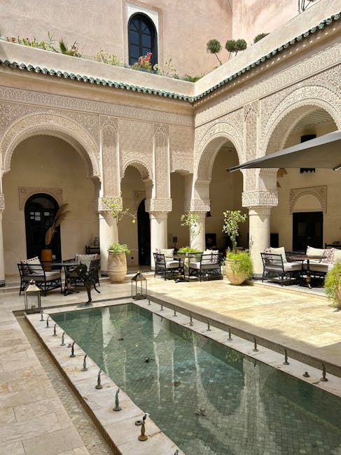 Beautiful Moroccan courtyard showcasing traditional arches and a reflecting pool.