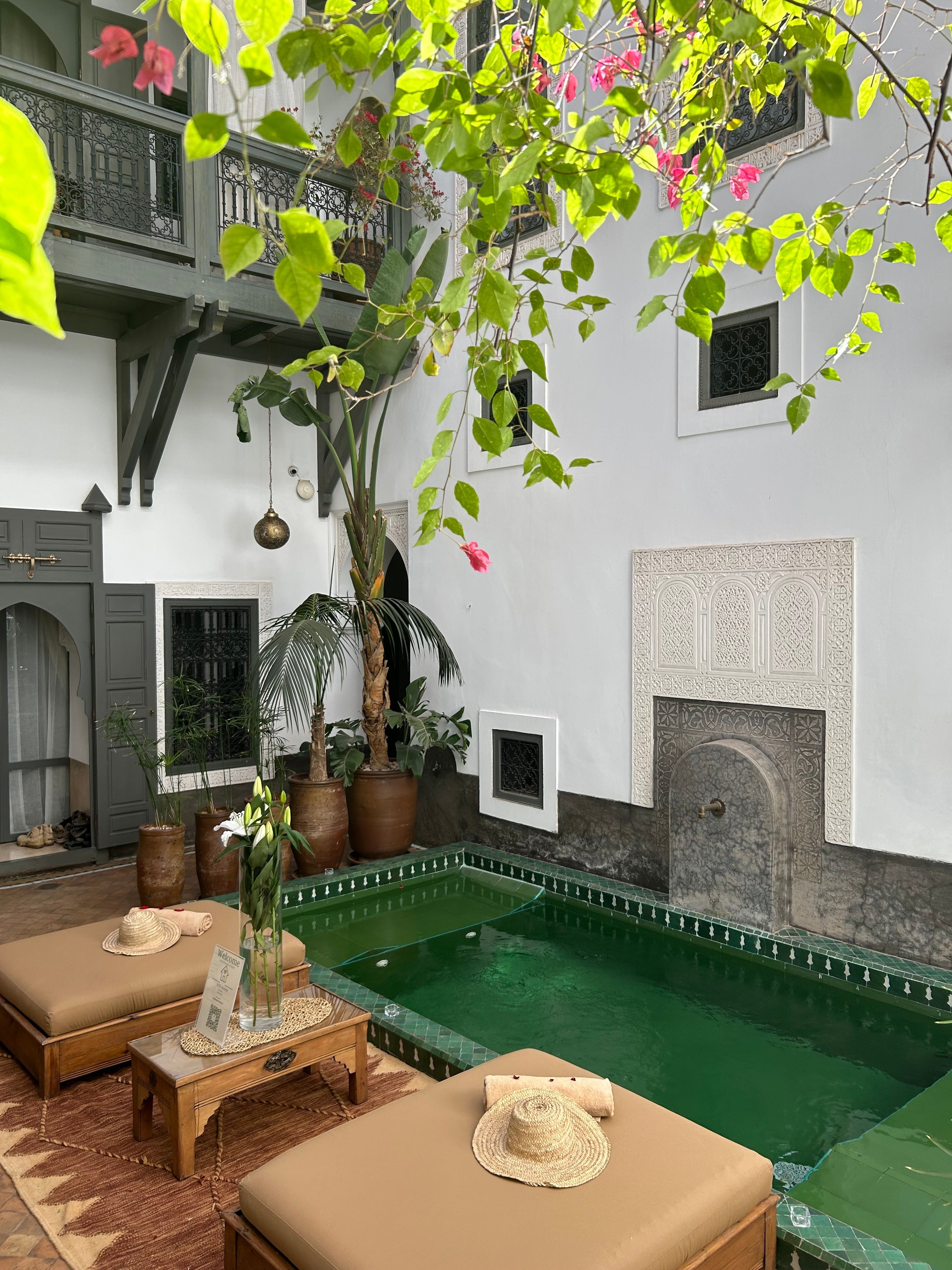 Charming Moroccan courtyard featuring a green pool, lush plants, and traditional architectural accents.