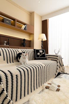 Charming living room with a cat on a striped sofa and modern decor in Salt Lake City.
