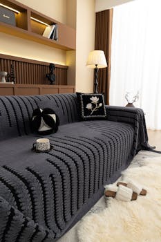 Modern living room with chic sofa cover and cozy decor.