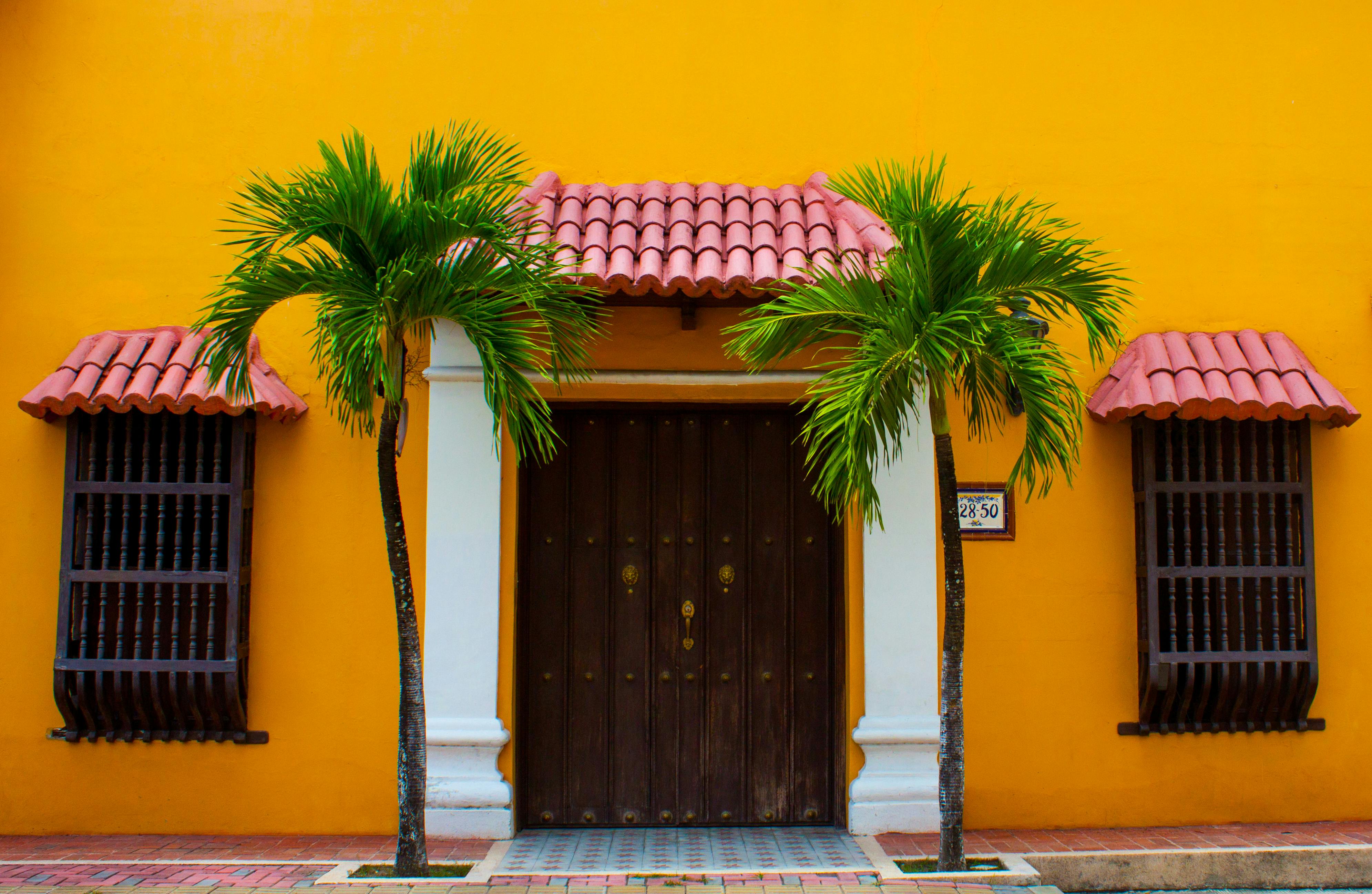 Colorful villa with palm trees