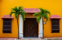 哥伦比亚色彩缤纷的房屋立面，有一扇门，旁边种着棕榈树