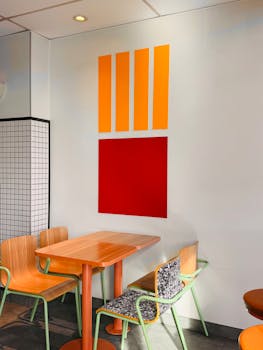 Colorful modern cafe with geometric wall art, vibrant chairs, and wooden tables.