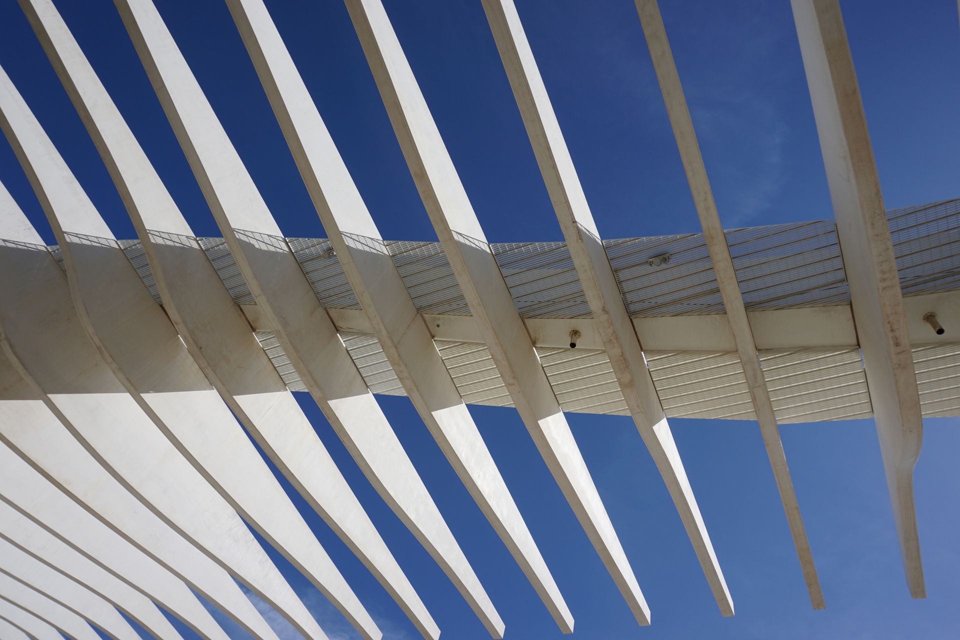 Abstract view of a modern architectural structure with white beams against a bright blue sky.
